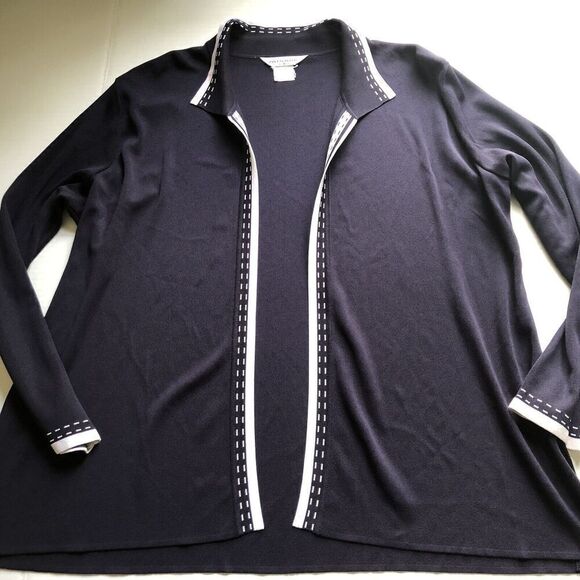 Exclusively Misook Open Front Collared Cardigan Dark Blue White Size 3X A2826 - Picture 1 of 7